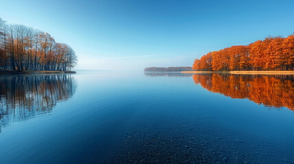 Award Winning National Geographic rule of thirds, photograph of a glassy lake reflecting the crisp autumn sky, minimalist, plain muted blue background, ultra realistic photo, left