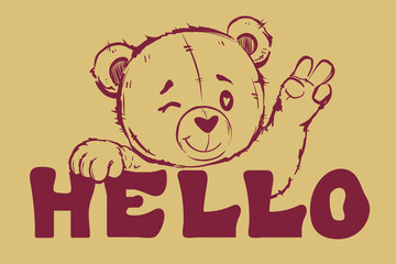 Simple outline illustration funny bear doll smiling and wink. Childish hand drawn lines print with bear. Teddy toy cute character