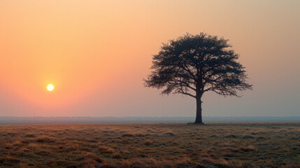 Award Winning National Geographic rule of thirds, photograph of a golden hour landscape with a lone tree, minimalist, plain dusk colored background, ultra realistic photo, centered