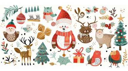 Fototapeta premium Christmas winter stickers collection for kids, seasonal design, cute animals and elements for scrapbook