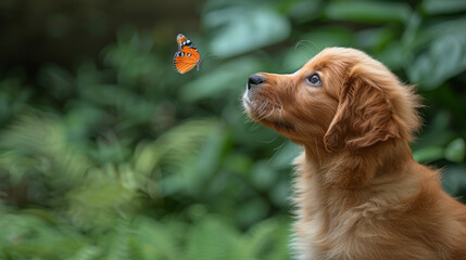 Award Winning National Geographic rule of thirds, photograph of a golden retriever puppy looking curiously at a fluttering butterfly, minimalist, plain lush green background, ultra
