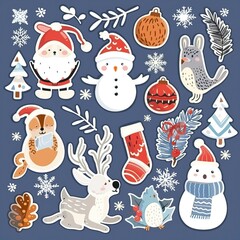 Christmas winter stickers collection for kids, seasonal design, cute animals and elements for scrapbook