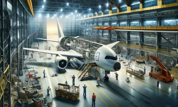 airplane under construction in an aviation factory. The partially assembled aircraft shows frameworks and wings, with engineers and technicians working around it in a bustling environment