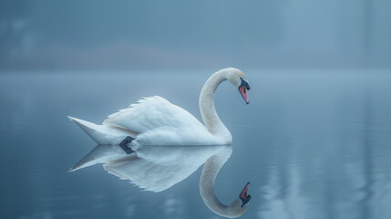 Obraz premium Award Winning National Geographic rule of thirds, photograph of a graceful swan gliding on a mirror like lake at dawn, minimalist, plain soft blue background, ultra realistic photo