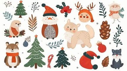 Christmas winter stickers collection for kids, seasonal design, cute animals and elements for scrapbook