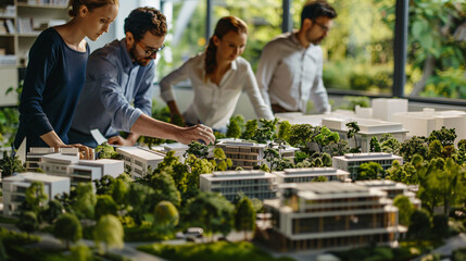 A team of engineers working on a solar panel installation on a rooftop with a cityscape in the background, emphasizing eco-friendly technology solutions