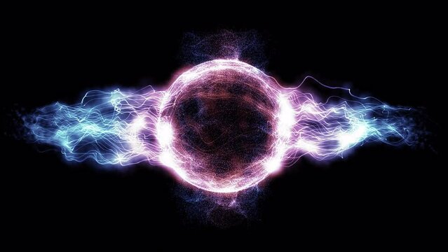 Abstract animated energy plasma particle ball with colorful side rays, concepts, ideas, 4k, transparent background with alpha channel