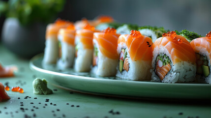 Award Winning National Geographic rule of thirds, photograph of a delicately arranged sushi platter, minimalist, plain jade green background, ultra realistic photo, right in frame