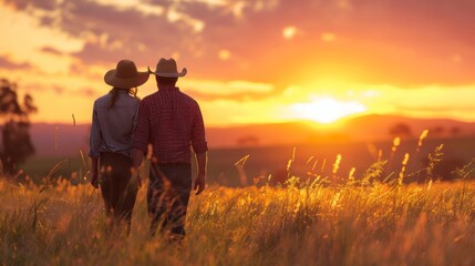 Two people in cowboy hats walking through a field at sunset, AI
