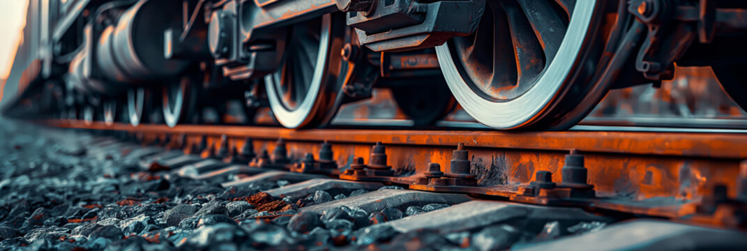Detailed shot highlighting the metallic wheels of a train on railroad tracks with selective focus