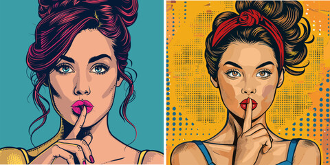 Finger on lips woman pop art vector posters. Female face wrist silence gesture dont tell keep quiet privacy illustrations