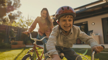 Parent and child riding bikes.