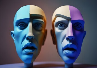 Surreal Duality: Abstract Disfigured Heads of Two Men in Thought-Provoking Composition