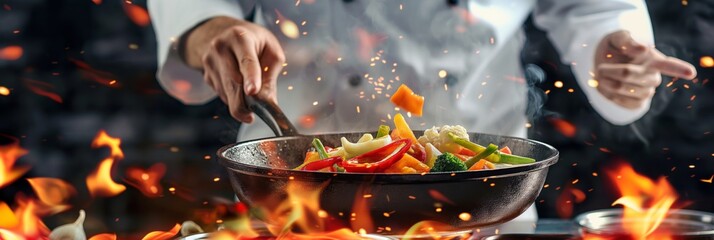An action-packed culinary moment as a chef flambeing vegetables in a pan