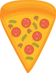 Illustrated colorful slice of pizza with pepperoni, mushrooms, and green peppers on a white background