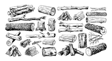 Firewood pile ink sketch vector set. Logs twigs branches brushwood driftwood fire burning wood lumber illustration isolated on white background