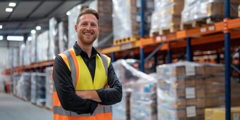 Happy warehouse manager in safety vest standing confidently in a well-organized warehouse