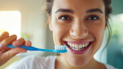 A woman smiling while holding a toothbrush in her hand, AI - Powered by Adobe