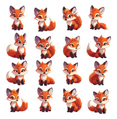 Fox cartoon vector set. Predator cute fluffy tail orange wool forest dweller animal cunning hunter character, illustration isolated on white background