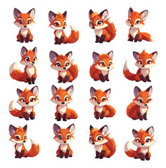 Obraz premium Fox cartoon vector set. Predator cute fluffy tail orange wool forest dweller animal cunning hunter character, illustration isolated on white background