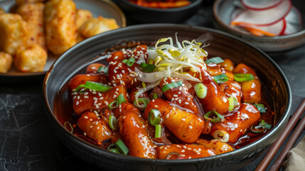 Korean tteokbokki, classic spicy rice cakes sprinkled with sesame seeds and spring onions, presented against a dark backdrop