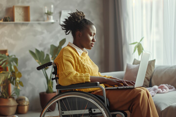Side view portrait of young black African-American woman in wheelchair working from home in minimal grey lounge home interior copy space - Powered by Adobe