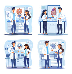 Gastroenterology cartoon vector scenes. Doctors man woman coats patient organs x rays check intestines liver stomach diagnosis making, treatment select laboratory interior specialists characters