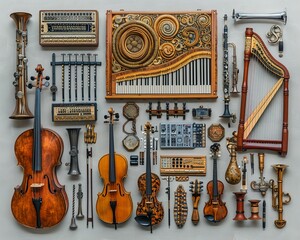 A collection of vintage and modern musical instruments laid out on a solid color background.