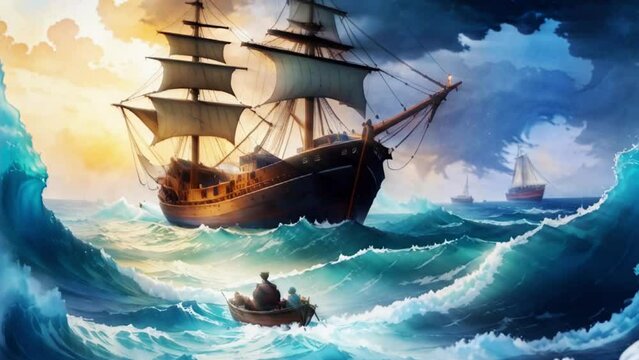 Trouble on the High Seas Distant Hope 4K features an A.I. generated video of an old ship sailing in the ocean during a storm with crashing waves with sunlight starting to peek through the storm.