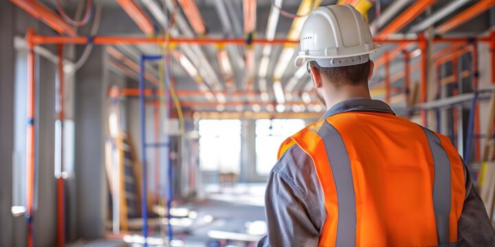 Engineer in hard hat and safety vest inspecting a construction site with exposed wiring and pipes