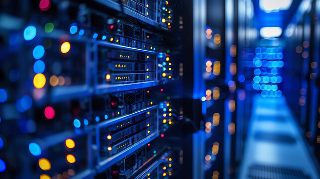 System center; data center room with server and networking device on rack cabinet.