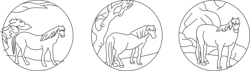 Vector illustration sketch, wall decoration design drawing, abstract painting of wild horses in the wild