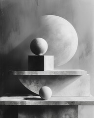 Black and white still life of a large sphere and cube on a table with a curved edge.