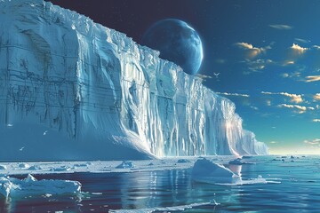 Ice wall with a blue moon in the background
