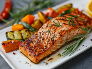 Image of grilled salmon with assorted vegetables