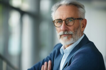 senior executive with gray hair and glasses, professional attire, posing confidently in an office setting, soft focused background