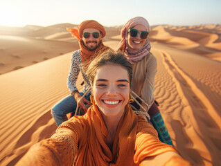 a traveler taking a selfie with friends on a camelback, wind-swept dunes stretching to the horizon - Powered by Adobe