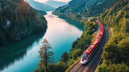 high-speed train driving through a beautiful landscape with a river and a forest - preserving nature with sustainable transportation