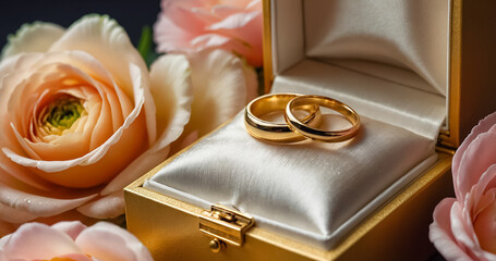 Two gold wedding rings, flowers event