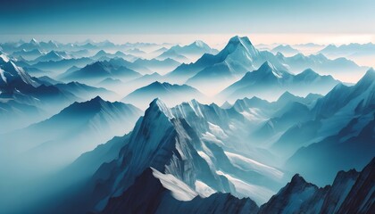 A stunning view from the top of a mountain range, showcasing snow-capped peaks and a vast, expansive landscape bathed in soft light.