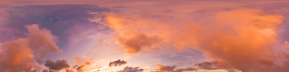 Sunset sky with bright glowing pink Cumulus clouds. Seamless spherical HDR 360 panorama. Full zenith or sky dome in 3D, sky replacement for aerial drone panoramas. Climate and weather change.