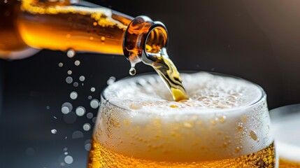 A bottle of beer is poured into a glass, brewery advertisement