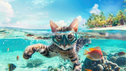 Cute cat snorkeling in tropical beach