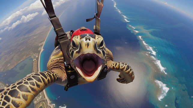 Sea turtle skydiving over blue seas