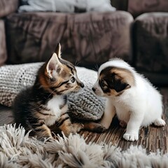 Obraz premium A playful kitten and puppy in a cozy