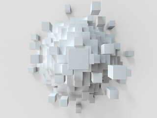 崩壊する白いキューブのピラミッド。積み上げられたキューブの3Dイラスト
