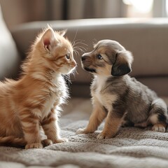 A playful kitten and puppy in a cozy