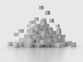 崩壊する白いキューブのピラミッド。積み上げられたキューブの3Dイラスト