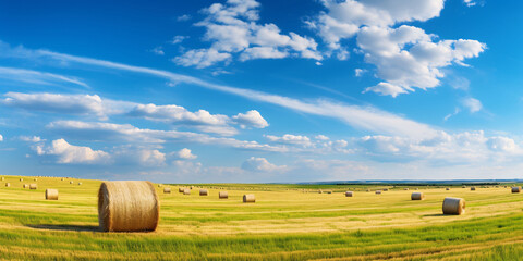 View of hay bales at sunset in summer. Landscape with farmland, straw and meadow. Grain, yellow wheat harvest