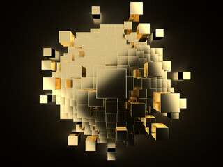 崩壊する金塊のピラミッド。積み上げられたキューブの3Dイラスト